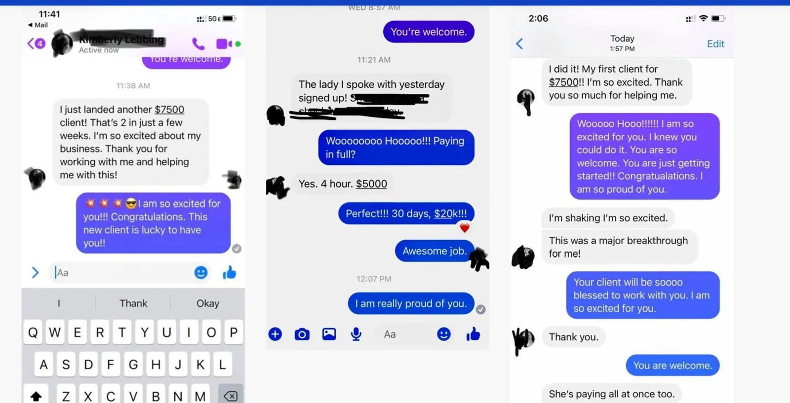 Text messages from clients sharing new client wins